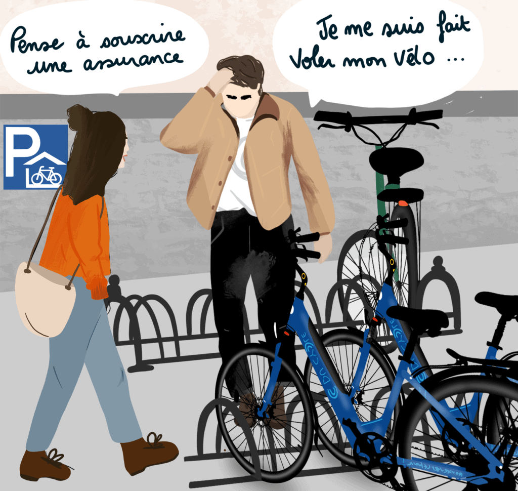 Un homme et une femme devant un "parking" vélo. L'homme s'est fait voler son vélo, il doit souscrire à une assurance