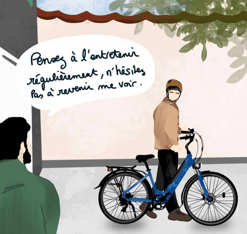 un réparateur de vélos qui donne au cycliste le conseil d'entretenir régulièrement son vélo